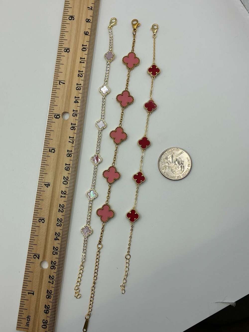 Lot of 3 Four-Leaf Charm Bracelets - Pink, Red, and Pearl with Rhinestones